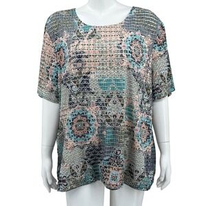 CD Daniels Top Womens 3X Blue Boho Floral Abstract Short Sleeve Artsy‎ Office
